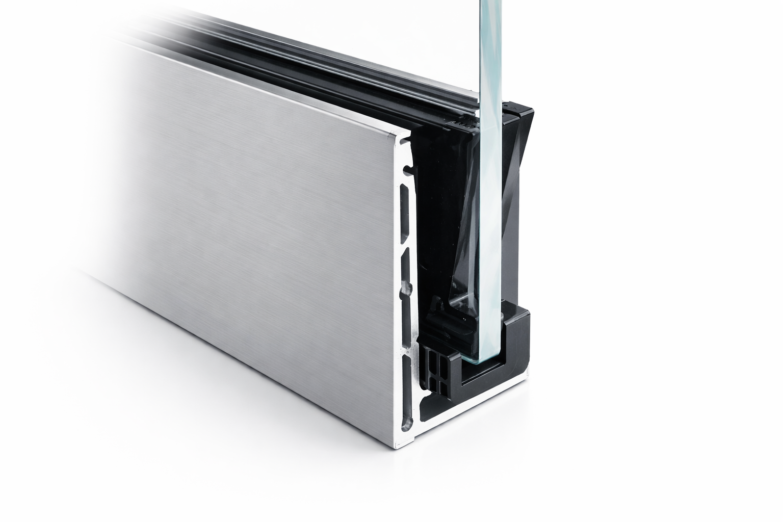 Close view of frameless glass balustrade system and base channel