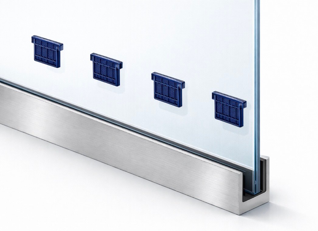 Installing frameless glass panels into the channel