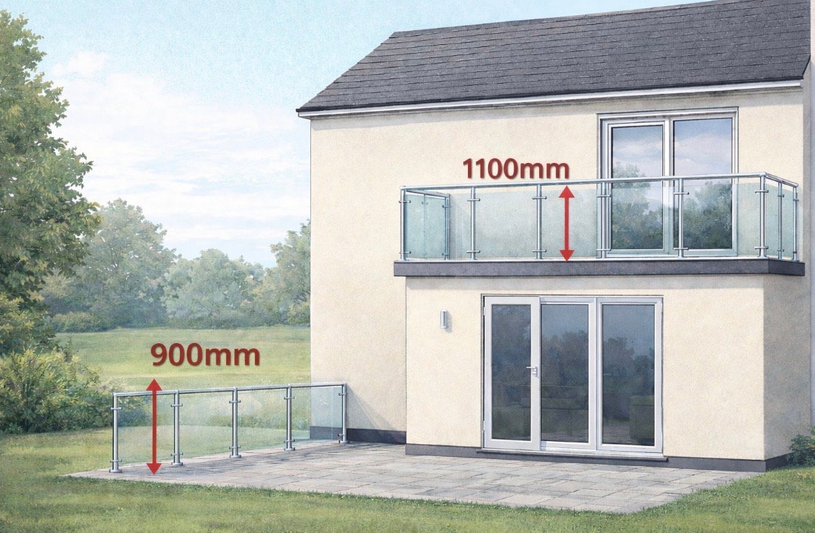 UK building regulations for glass balustrades showing 900mm and 1100mm heights